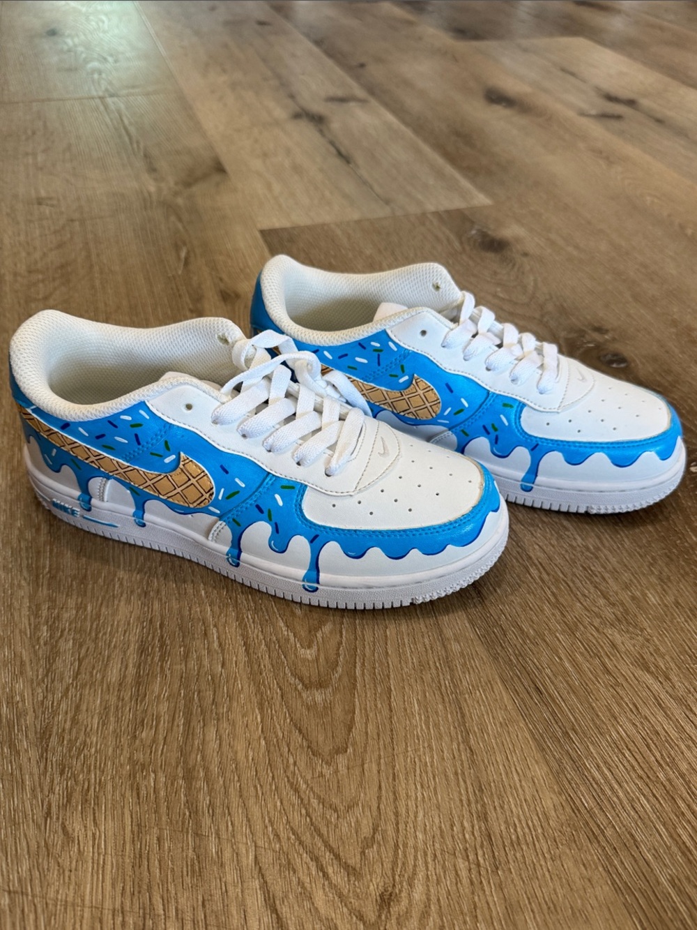 Nike Kids White Sneakers with Blue Ice Cream Drip and Tan Cone